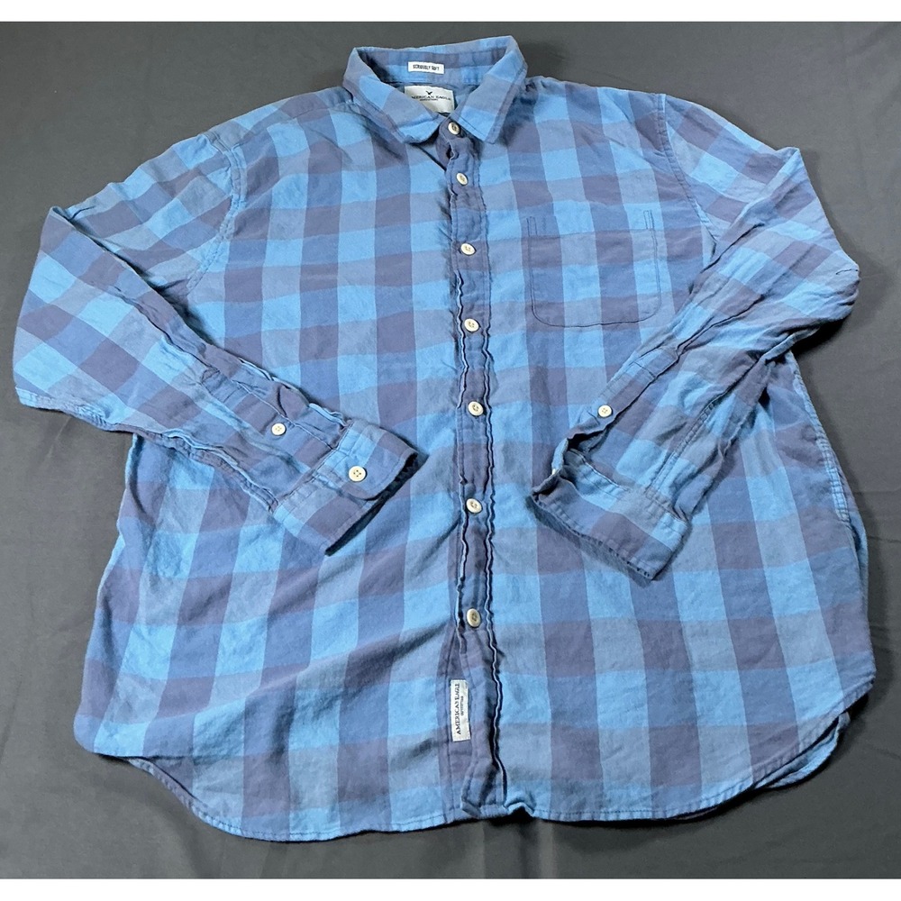 American Eagle Men XL Blue Buffalo Plaid Seriously Soft Flannel Button Down
